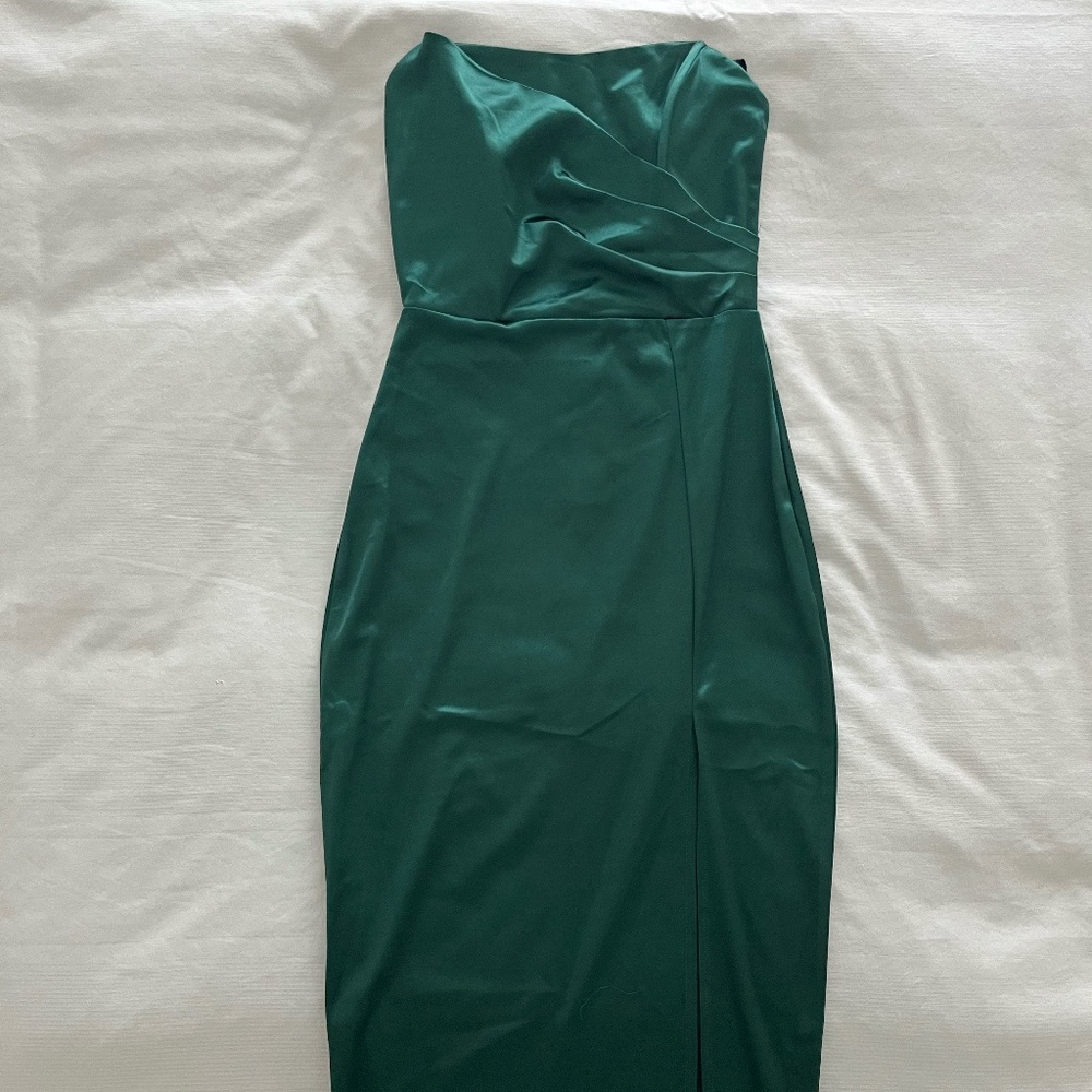 NWT Windsor XS Hunter Green Casey Strapless Midi Dress Satin Side Slit Prom - Picture 3 of 6